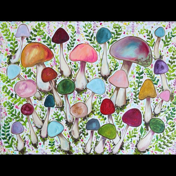 Retro Mushroom Garden Giclée Fine Art Print of Original Oil Painting Boho Decor - Picture 4 of 12